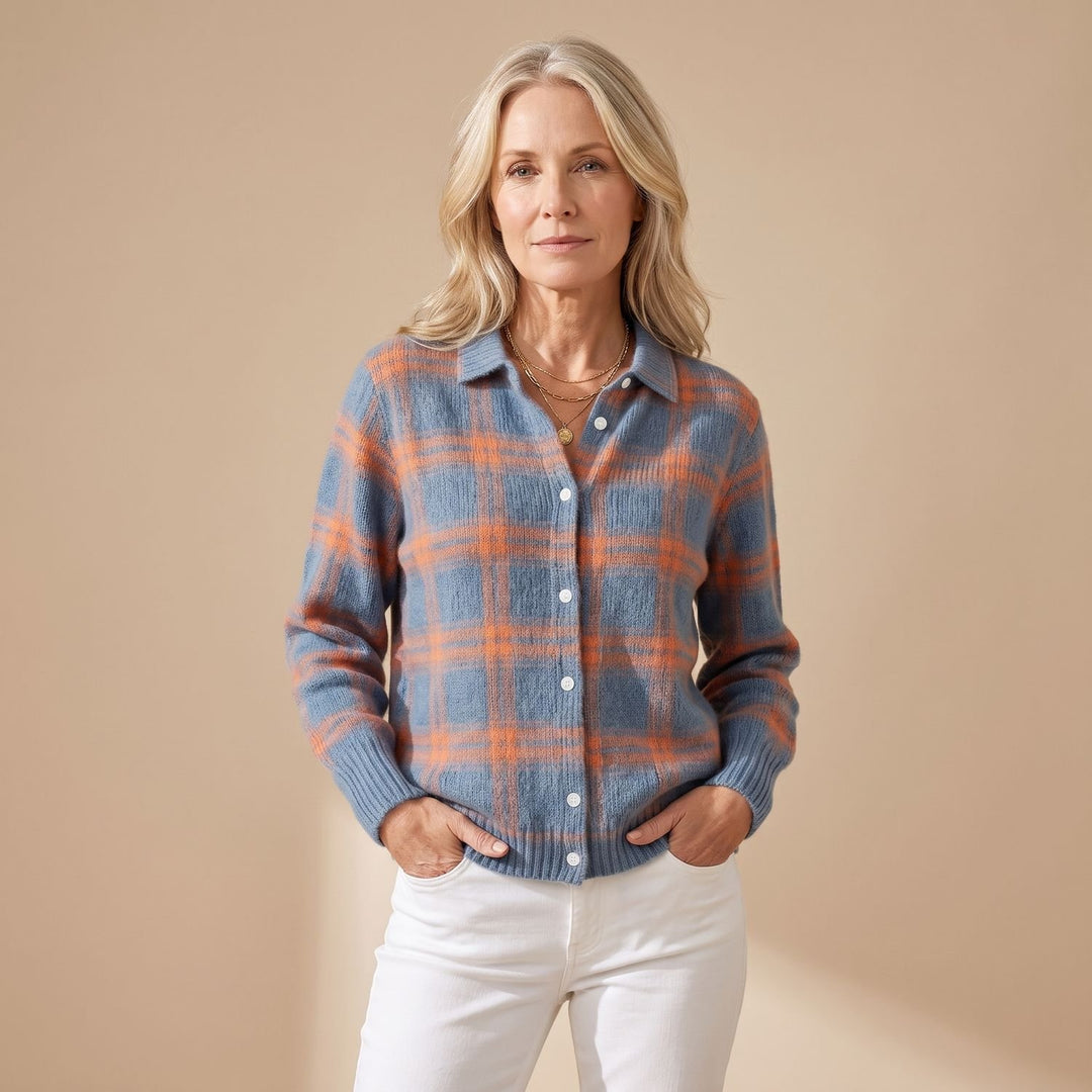 Women's Plaid Button-Down Knit Cardigan Sweater, Blue - Warm Blue