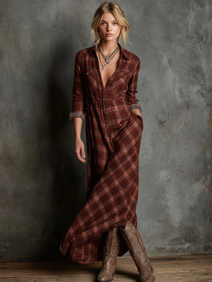 Women's Plaid Flannel Button-Down Maxi Formal Dresses - Red