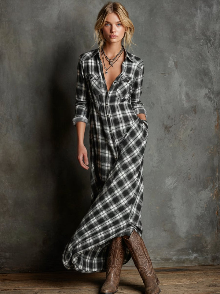 Women's Plaid Flannel Button-Down Maxi Formal Dresses - Black
