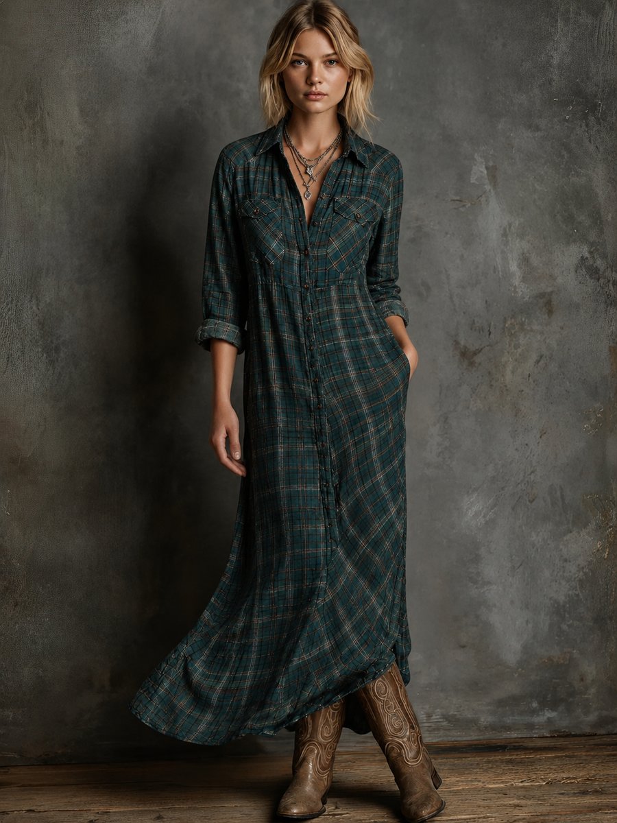 Women's Plaid Flannel Button-Down Maxi Formal Dresses - Green