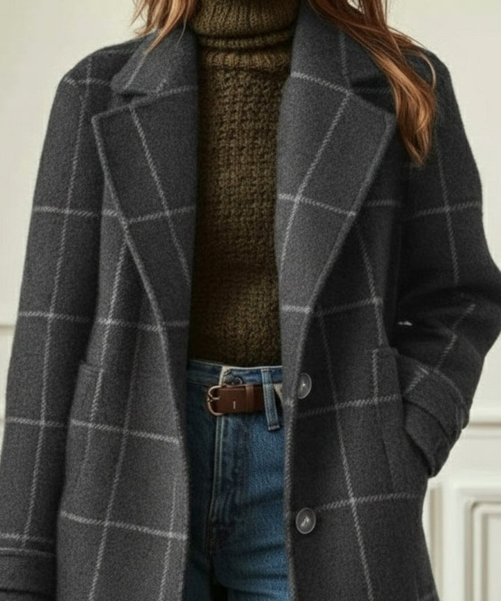 Women's Plaid Wool-Blend Lapel Collar Midi Coat