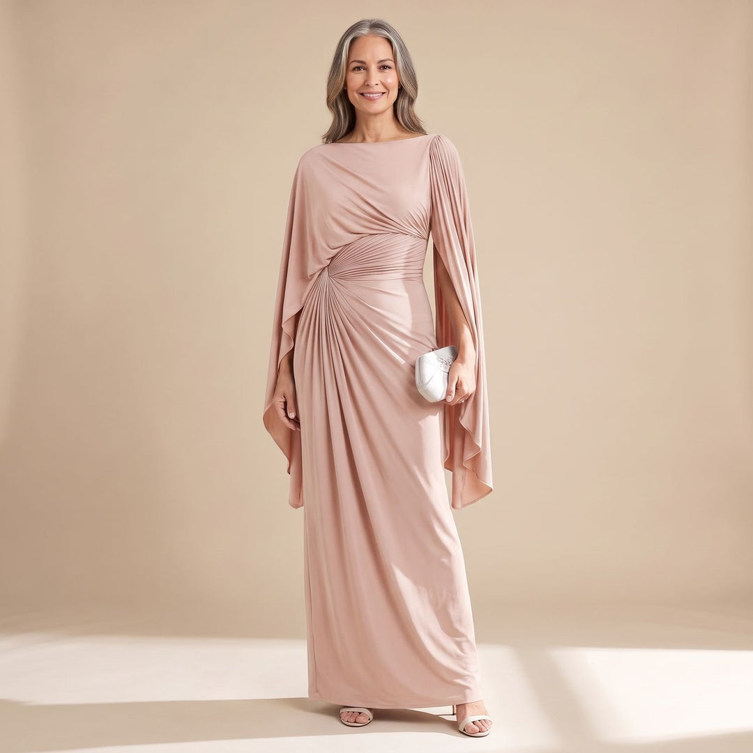 Women's Pleated Cape-Sleeve Boat-Neck Formal Maxi Dress - Peach