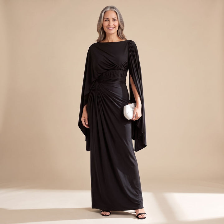Women's Pleated Cape-Sleeve Boat-Neck Formal Maxi Dress - Black