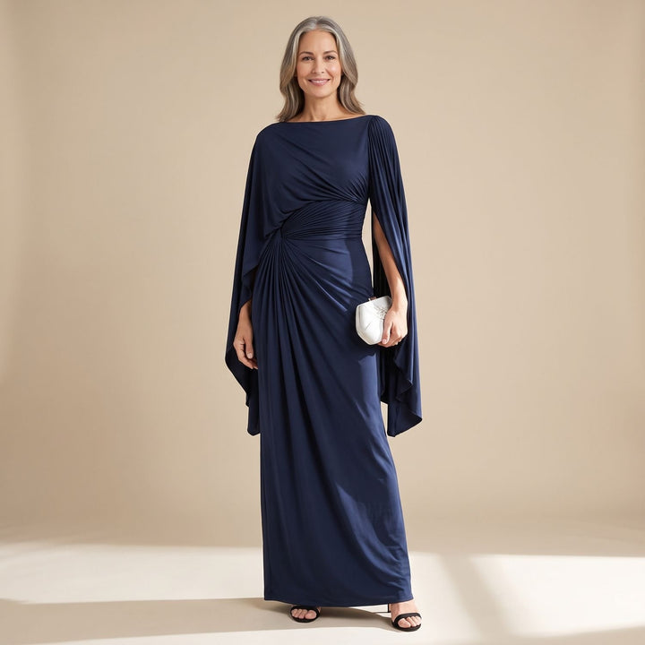 Women's Pleated Cape-Sleeve Boat-Neck Formal Maxi Dress - Dark Blue