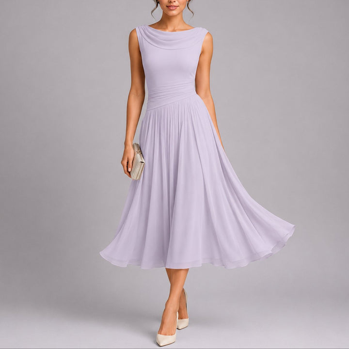 Women's Pleated Chiffon Sleeveless Midi Fall Wedding Guest Dress - Purple