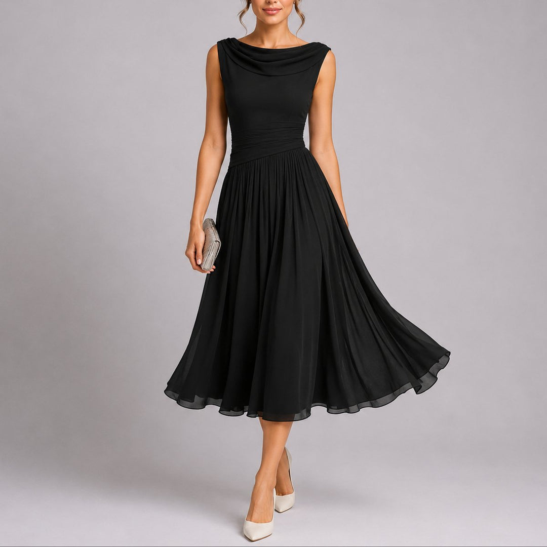 Women's Pleated Chiffon Sleeveless Midi Fall Wedding Guest Dress - Black