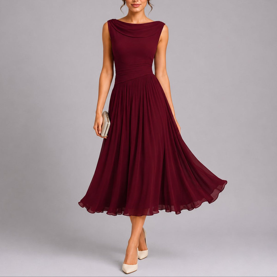 Women's Pleated Chiffon Sleeveless Midi Fall Wedding Guest Dress - Red