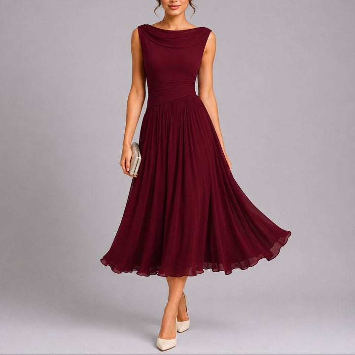 Women's Pleated Chiffon Sleeveless Midi Fall Wedding Guest Dress - Red