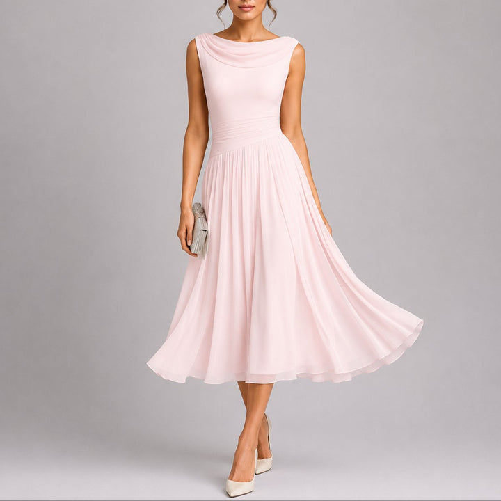 Women's Pleated Chiffon Sleeveless Midi Fall Wedding Guest Dress - Pink