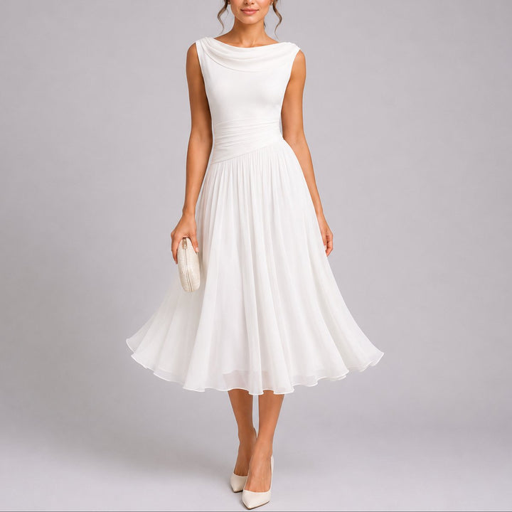 Women's Pleated Chiffon Sleeveless Midi Fall Wedding Guest Dress - White