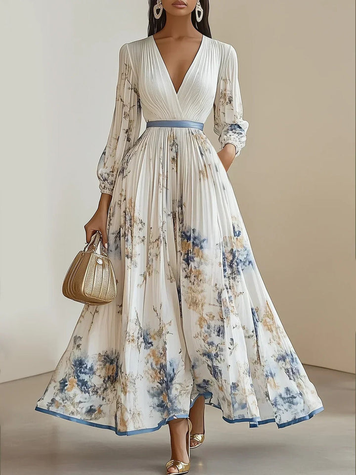 Women's Pleated Floral-Print Deep V-Neck Puff-Sleeve Maxi Dress - White