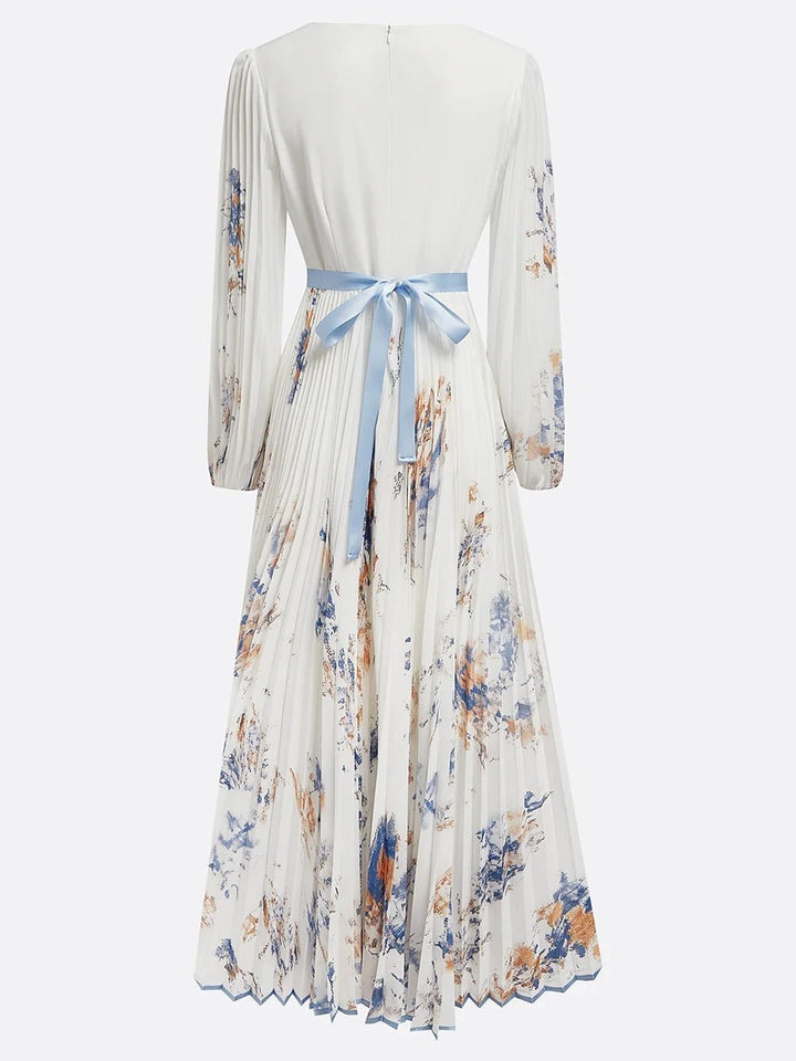 Women's Pleated Floral-Print Deep V-Neck Puff-Sleeve Maxi Dress