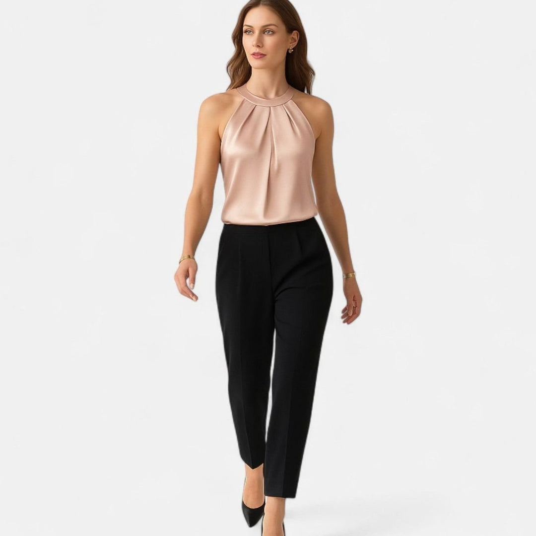 Women's Pleated Front Draped Halter Satin Tank Top
