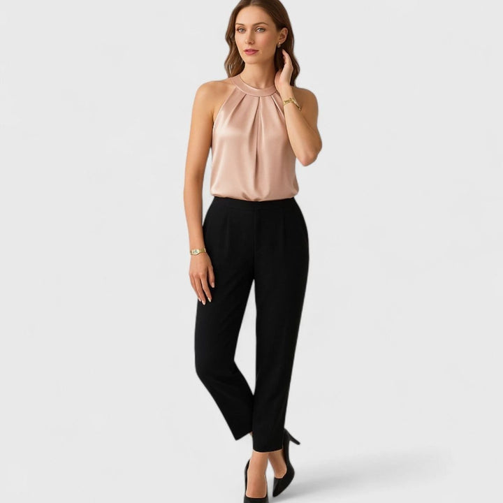 Women's Pleated Front Draped Halter Satin Tank Top