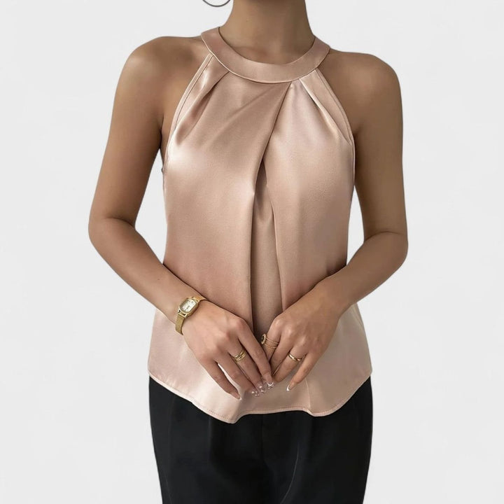 Women's Pleated Front Draped Halter Satin Tank Top