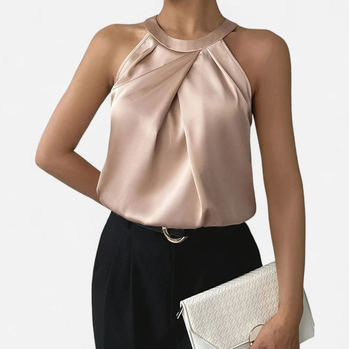 Women's Pleated Front Draped Halter Satin Tank Top