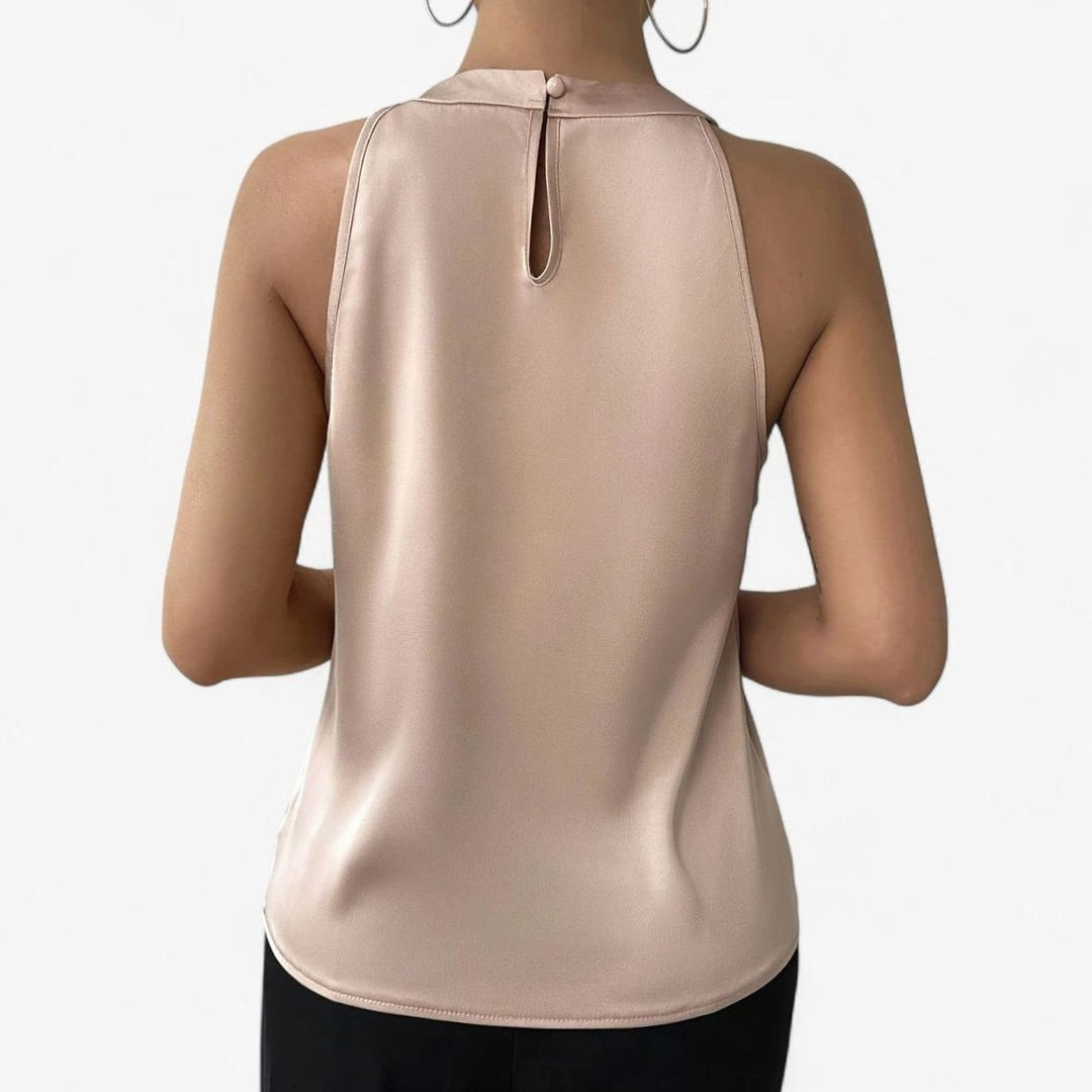 Women's Pleated Front Draped Halter Satin Tank Top