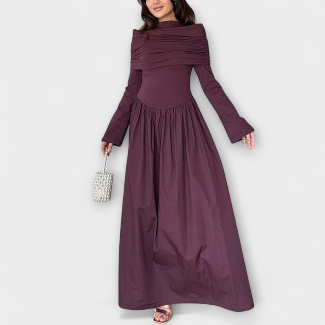 Women's Pleated High-Waist Flared-Sleeve Maxi Dress - Burgundy