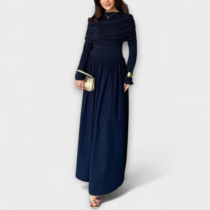 Women's Pleated High-Waist Flared-Sleeve Maxi Dress - Navy Blue