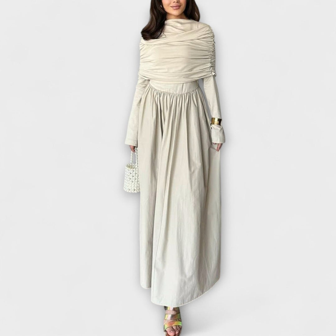 Women's Pleated High-Waist Flared-Sleeve Maxi Dress - White
