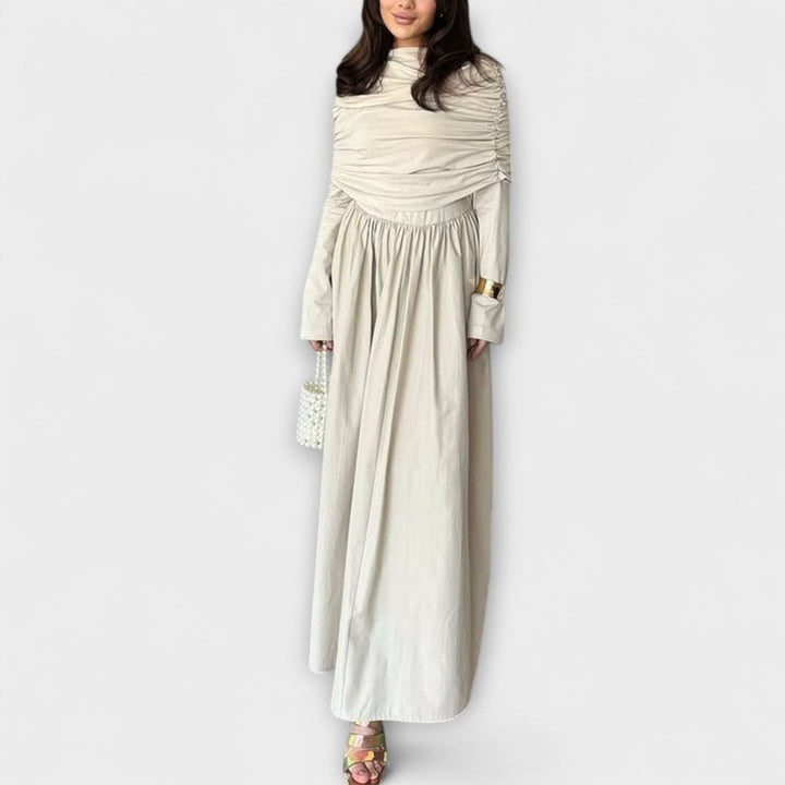 Women's Pleated High-Waist Flared-Sleeve Maxi Dress
