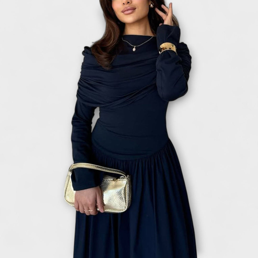 Women's Pleated High-Waist Flared-Sleeve Maxi Dress