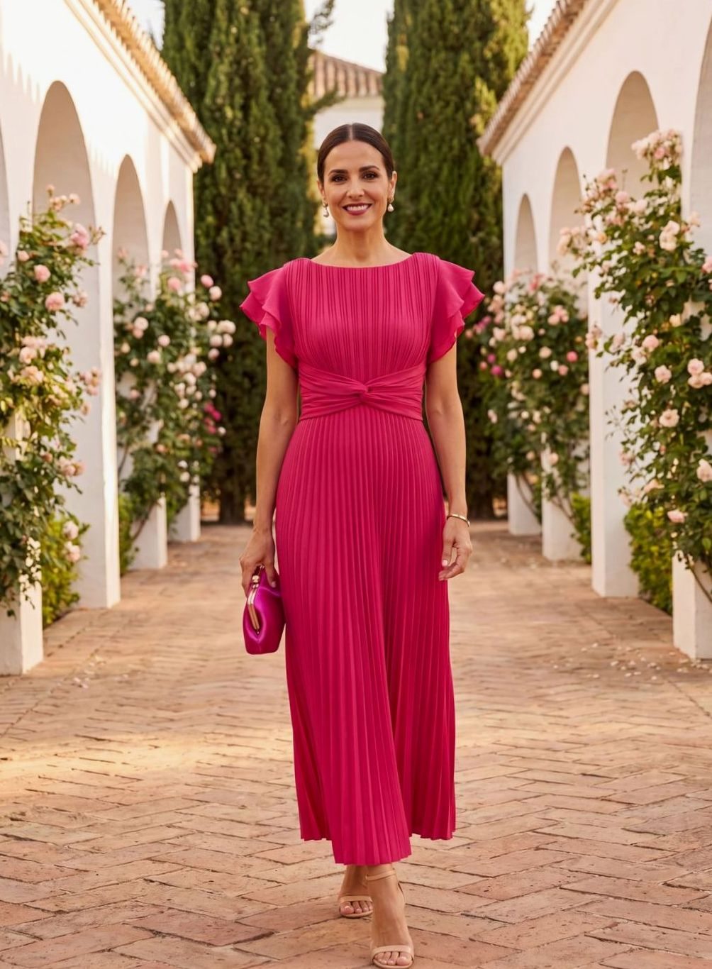 Women's Pleated Midi Formal Wedding Guest Dress Flutter Sleeves - Pink