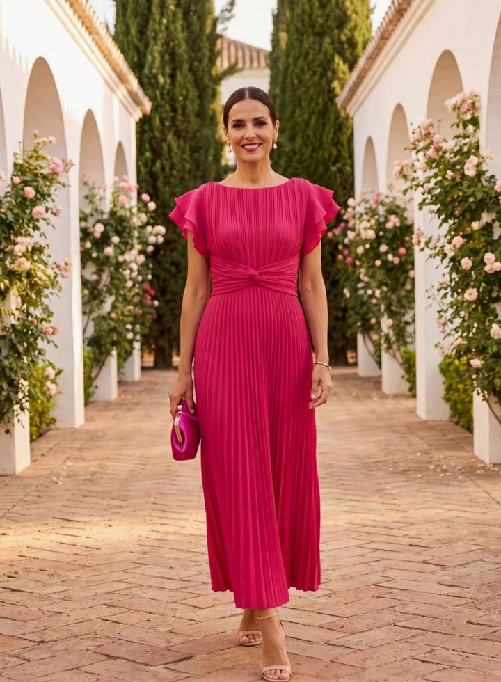 Women's Pleated Midi Formal Wedding Guest Dress Flutter Sleeves - Pink