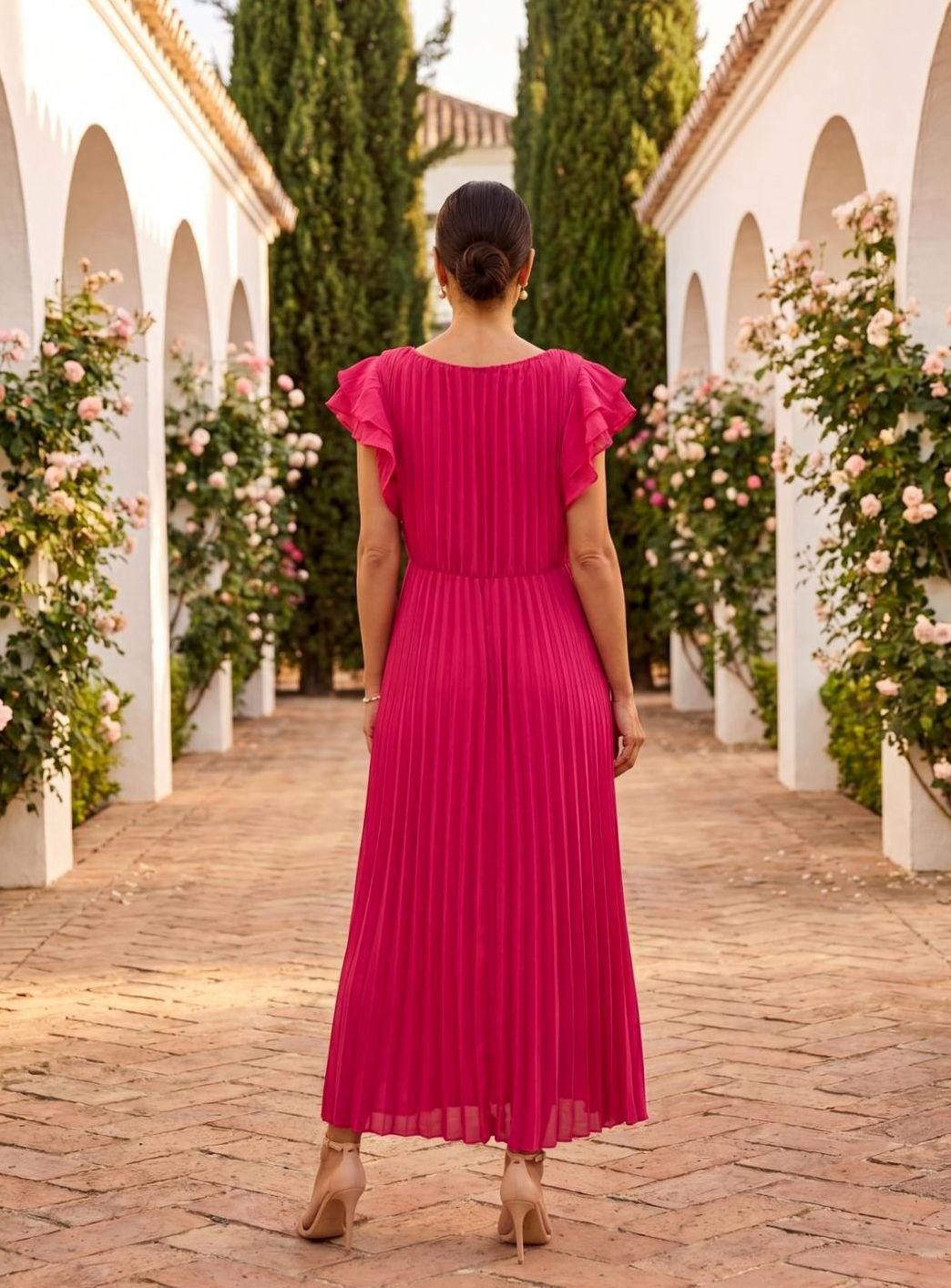 Women's Pleated Midi Formal Wedding Guest Dress Flutter Sleeves