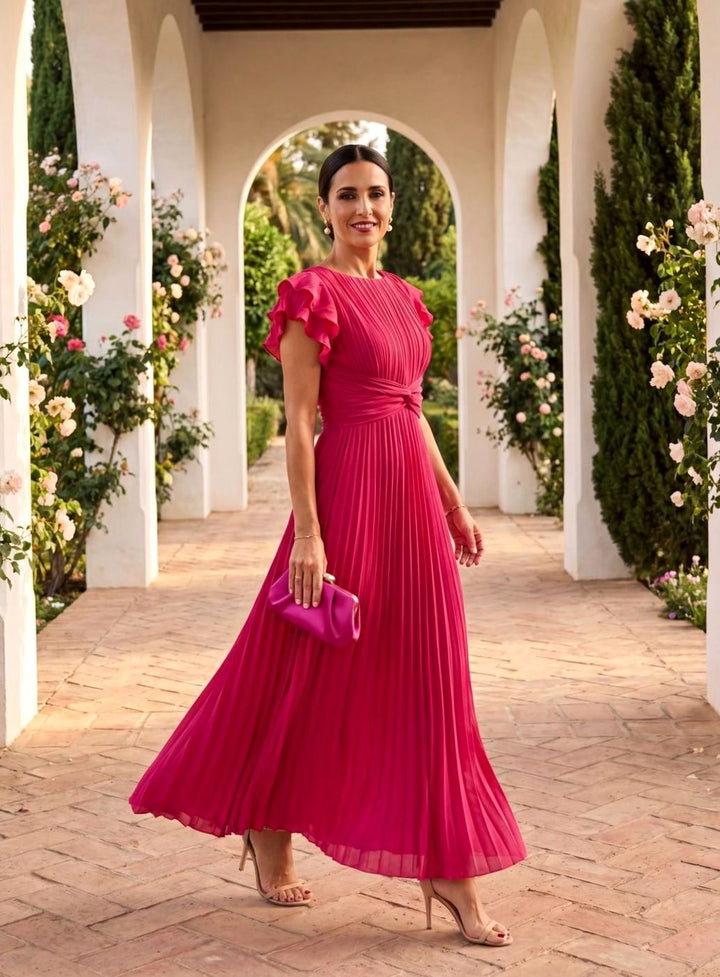 Women's Pleated Midi Formal Wedding Guest Dress Flutter Sleeves