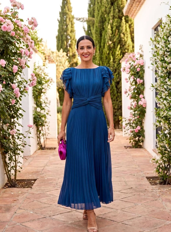 Women's Pleated Midi Formal Wedding Guest Dress Flutter Sleeves - Blue
