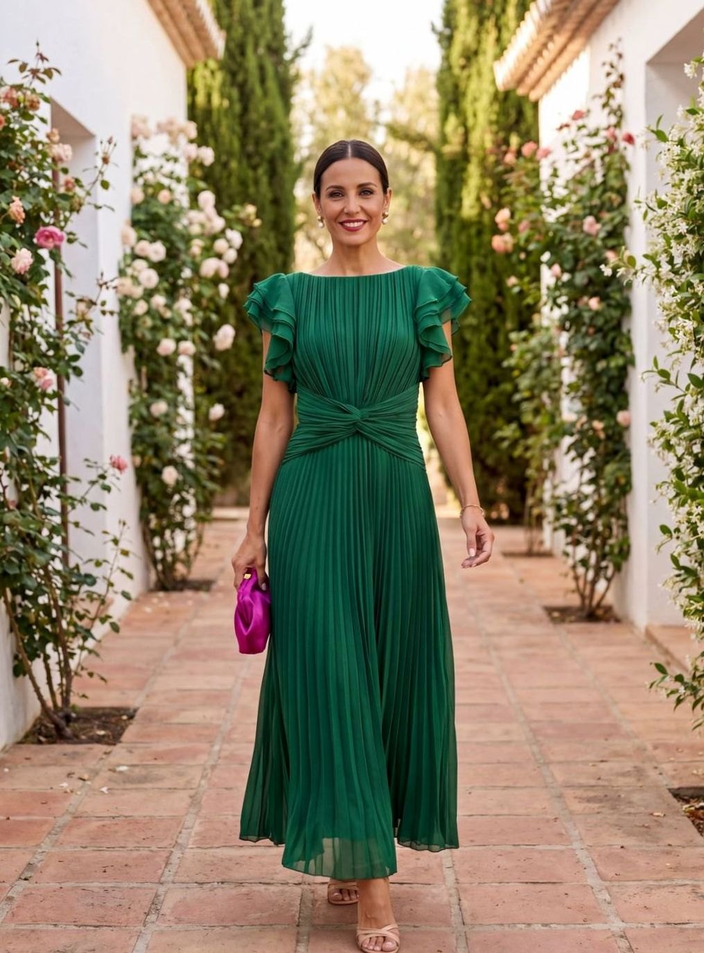 Women's Pleated Midi Formal Wedding Guest Dress Flutter Sleeves - Green