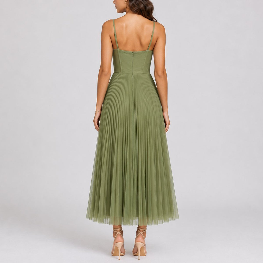 Women's Pleated Tulle Corset Midi Fall Wedding Guest Dresses