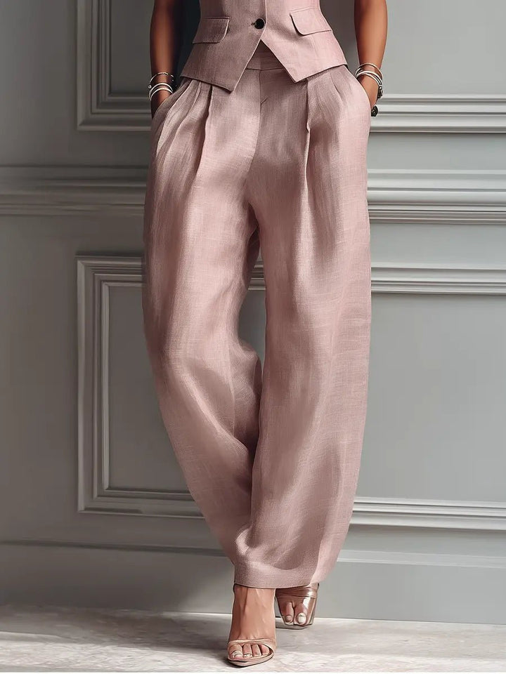 Women's Pleated Wide Leg Pants Lapel Vest Linen Two-Piece Set