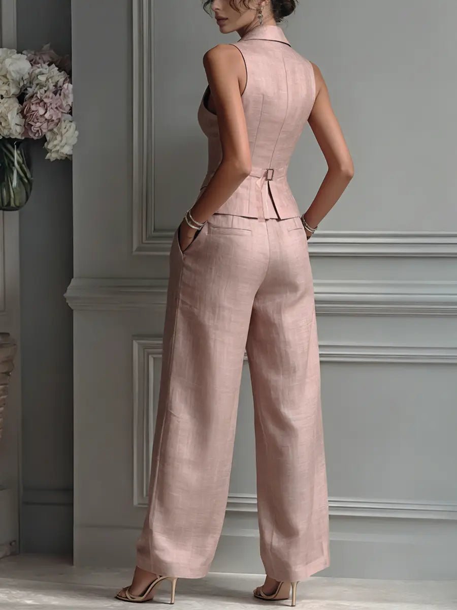 Women's Pleated Wide Leg Pants Lapel Vest Linen Two-Piece Set