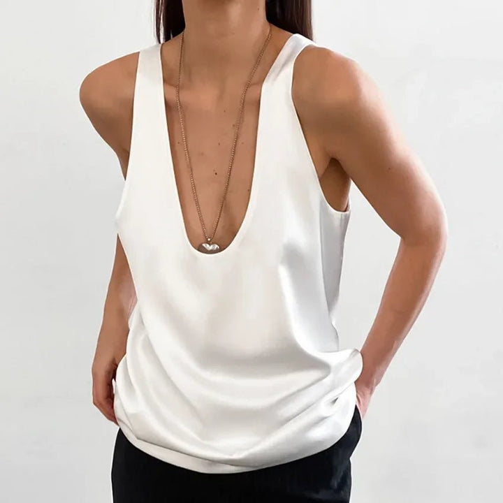 Women's Plunging U-Neck Satin Tank Top Relaxed Fit - White