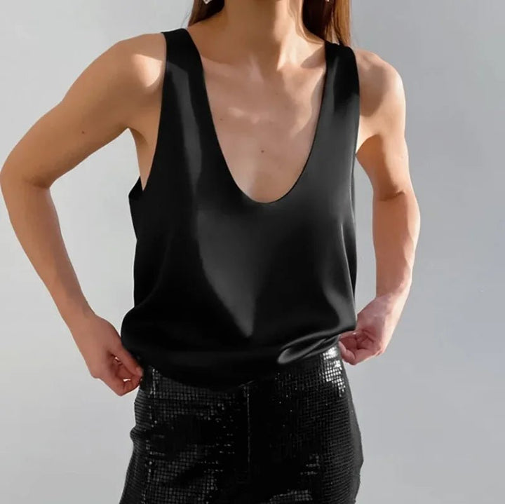Women's Plunging U-Neck Satin Tank Top Relaxed Fit