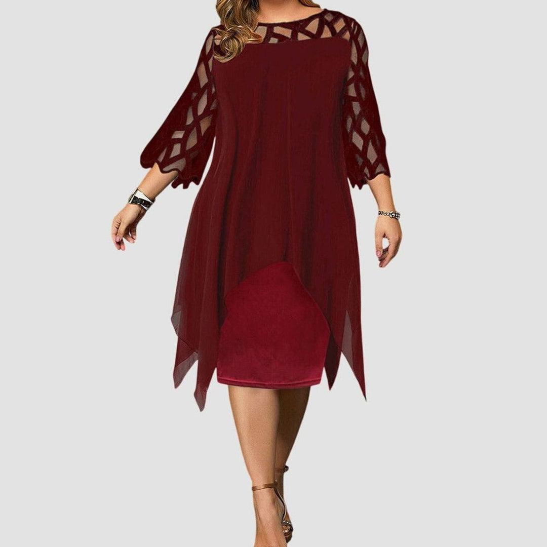 Women's Plus Size Lace Overlay Chiffon Midi Dress - Red Wine