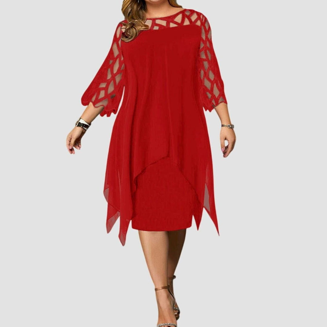 Women's Plus Size Lace Overlay Chiffon Midi Dress - Red