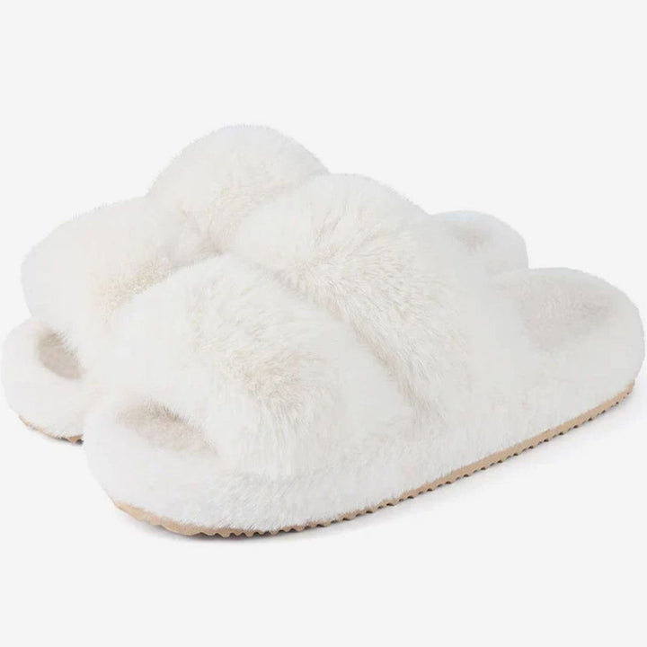 Women's Plush Faux Fur Cross-Strap Slide Slippers - White