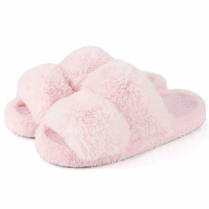 Women's Plush Faux Fur Cross-Strap Slide Slippers - Pink