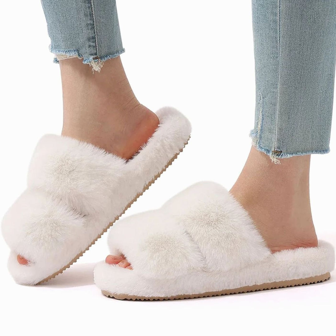 Women's Plush Faux Fur Cross-Strap Slide Slippers