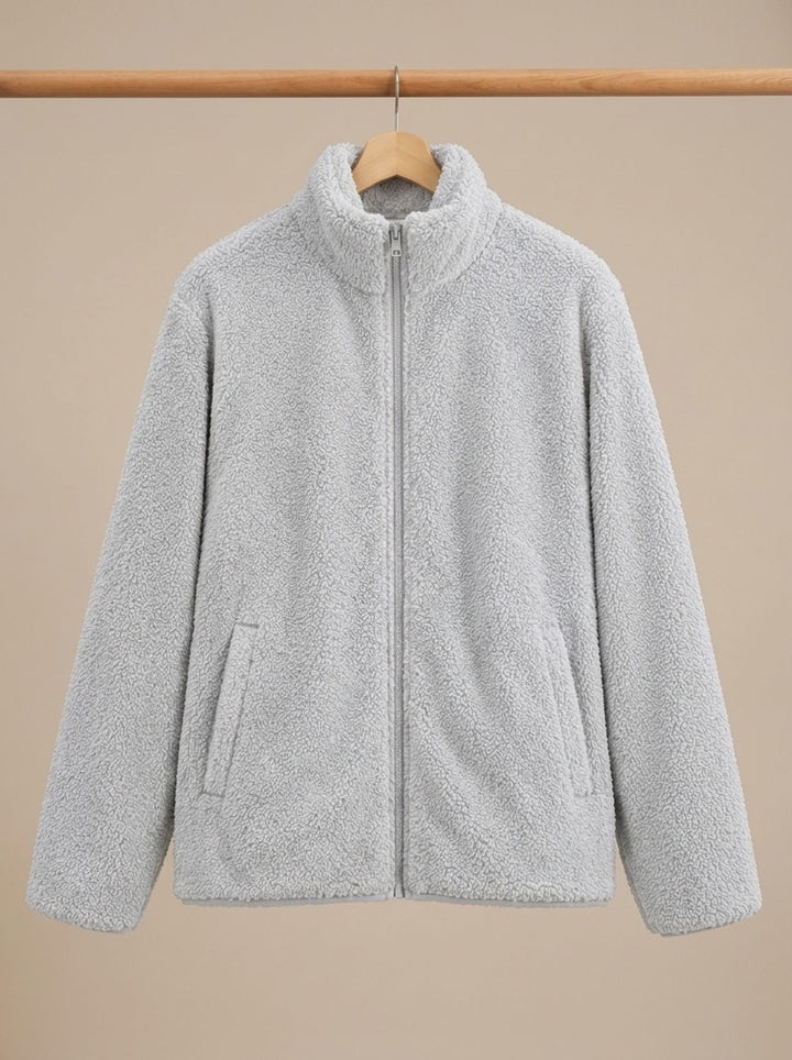Women's Plush Fleece Full-Zip Stand-Collar Jacket - Light Gray