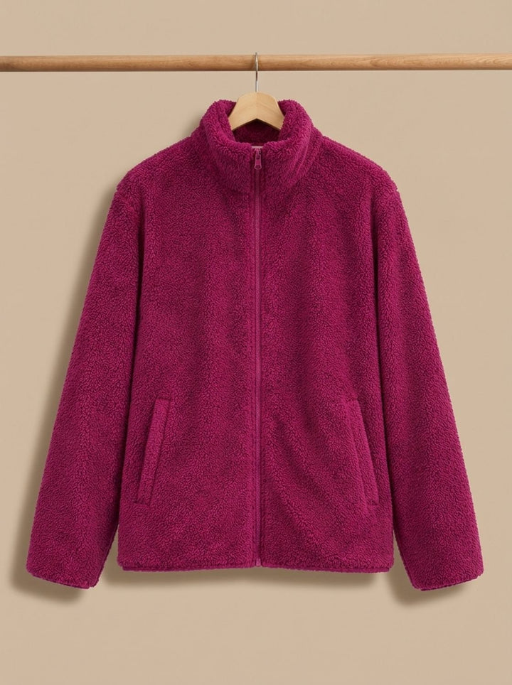 Women's Plush Fleece Full-Zip Stand-Collar Jacket - Red