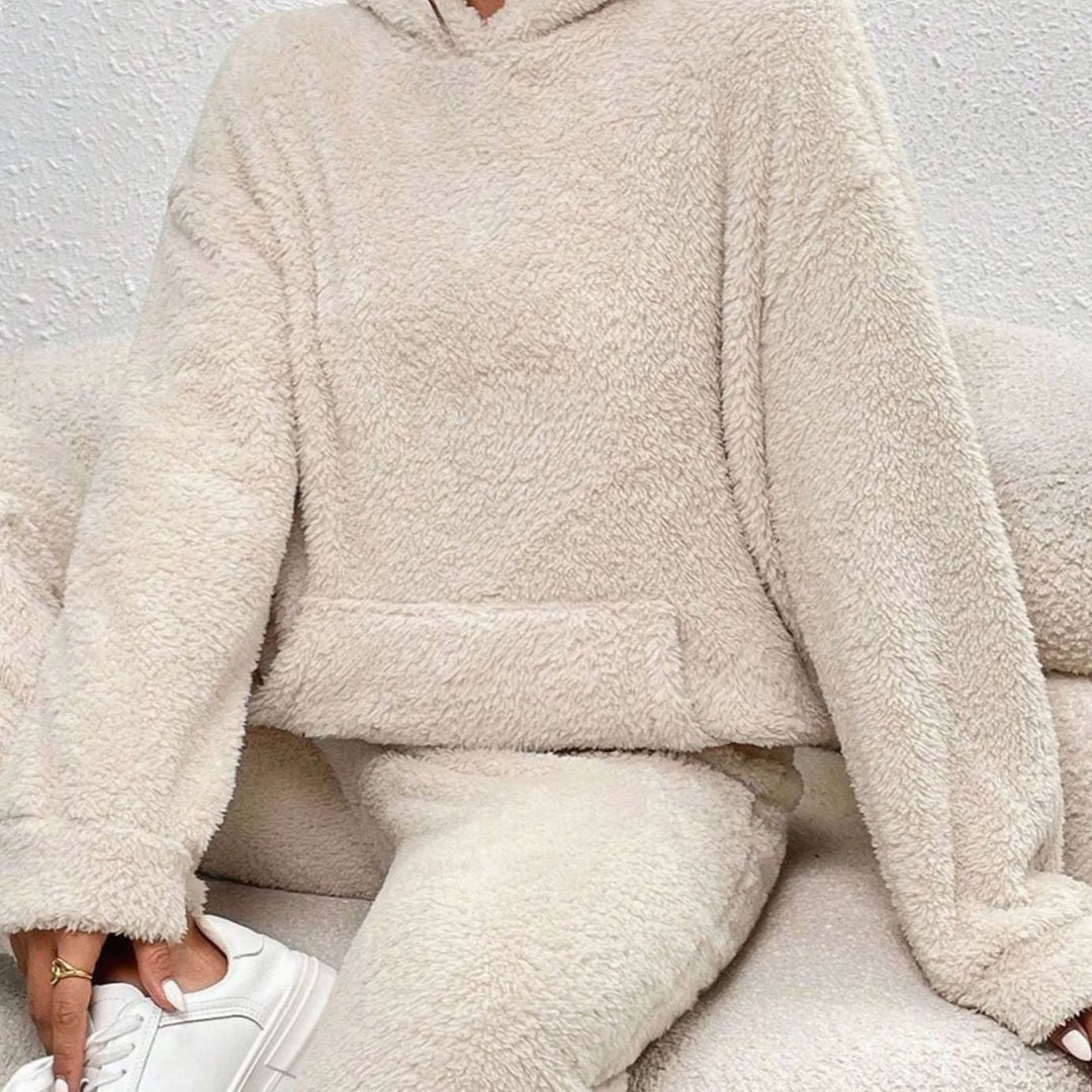 Women's Plush Fleece Hoodie Lounge Two-Piece Set - Beige