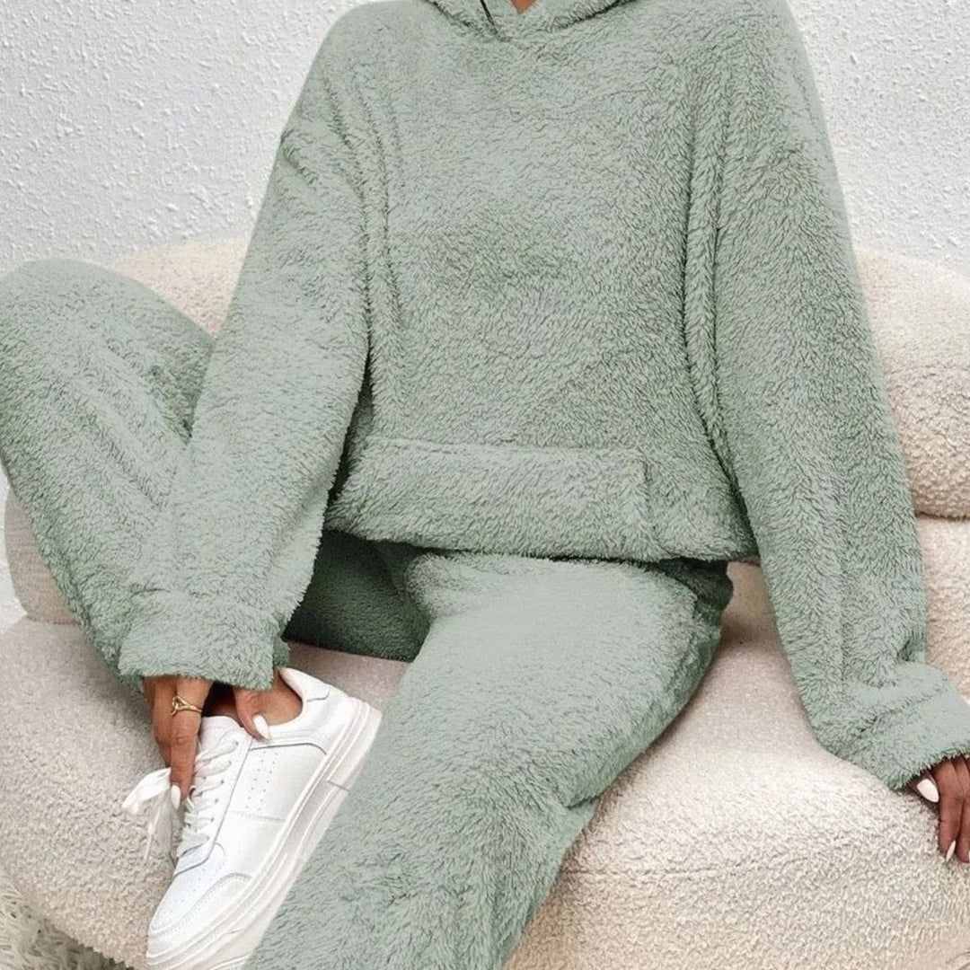 Women's Plush Fleece Hoodie Lounge Two-Piece Set - Green