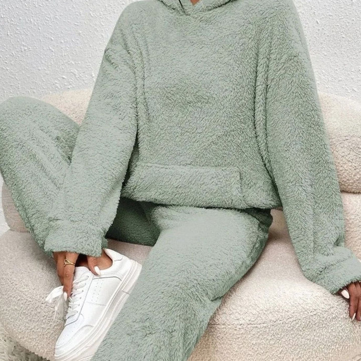 Women's Plush Fleece Hoodie Lounge Two-Piece Set - Green