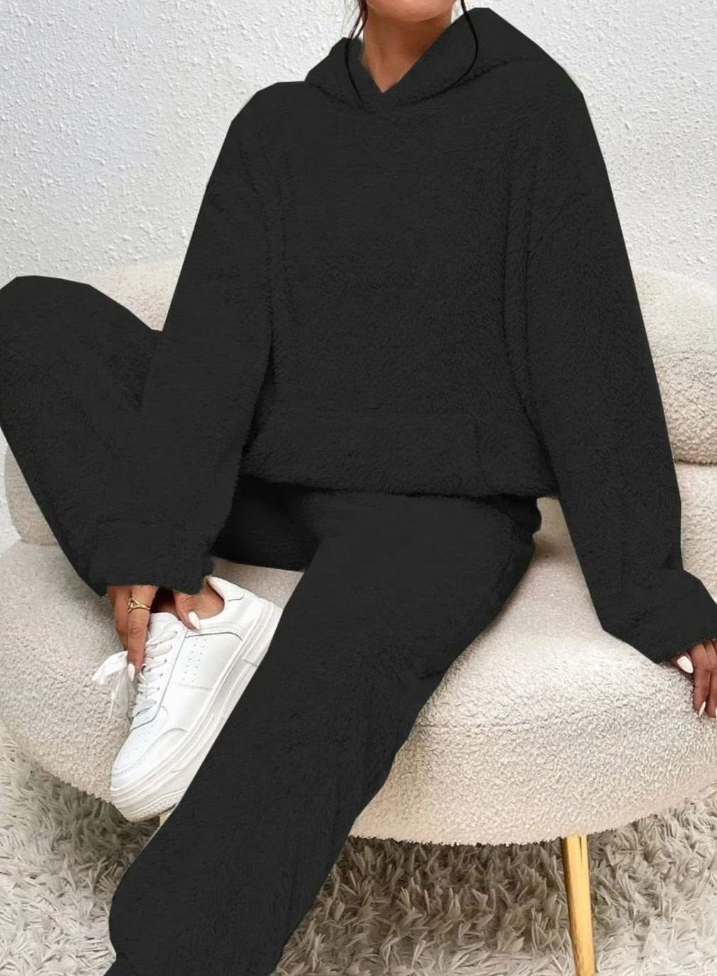Women's Plush Fleece Hoodie Lounge Two-Piece Set - Black