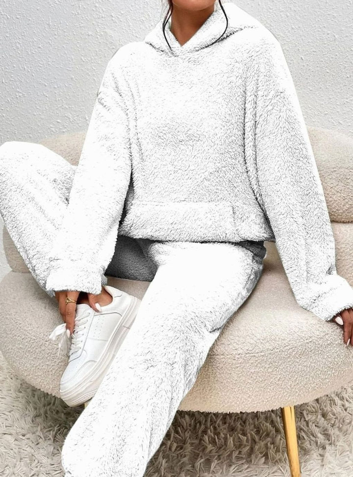 Women's Plush Fleece Hoodie Lounge Two-Piece Set - White