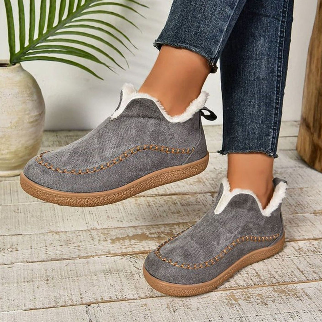 Women's Plush-Lined Slip-On Suede Moccasin Loafers - Gray